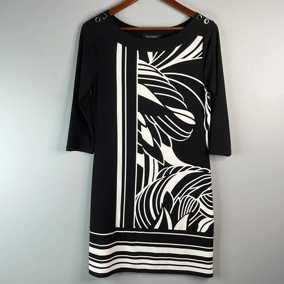 WHITE HOUSE BLACK MARKET Print Tunic Dress Black White Color Block Classic S - Picture 10 of 10
